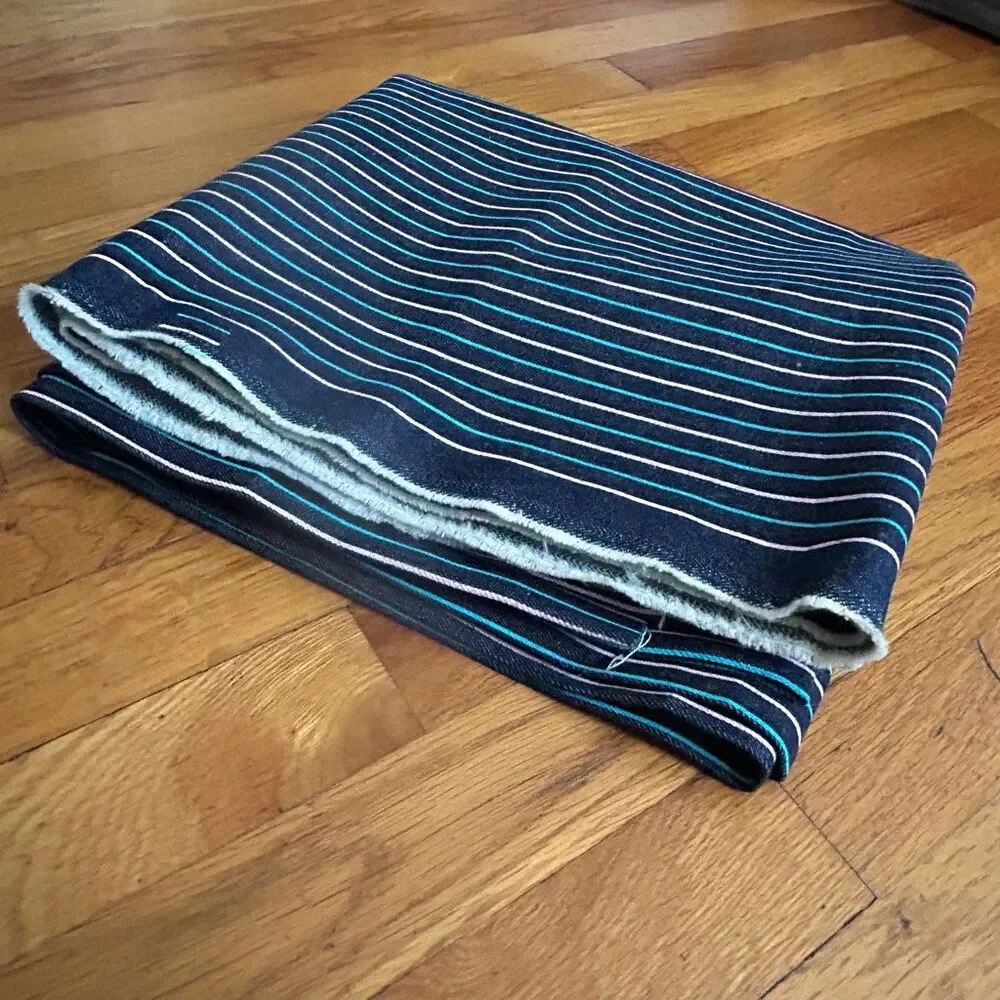 Vintage Y2K Dark Denim Pink Turquoise Striped Fabric 2.5 yards